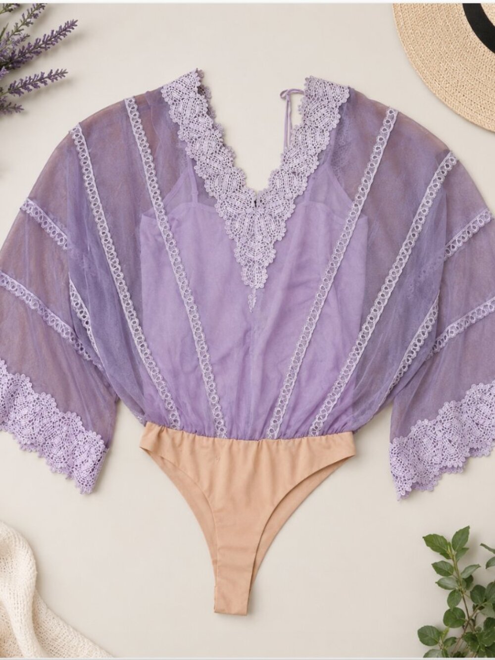 Strut & Bolt Lavender Lace Sheer Sleeve Bodysuit Blouse Boho Romantic Top